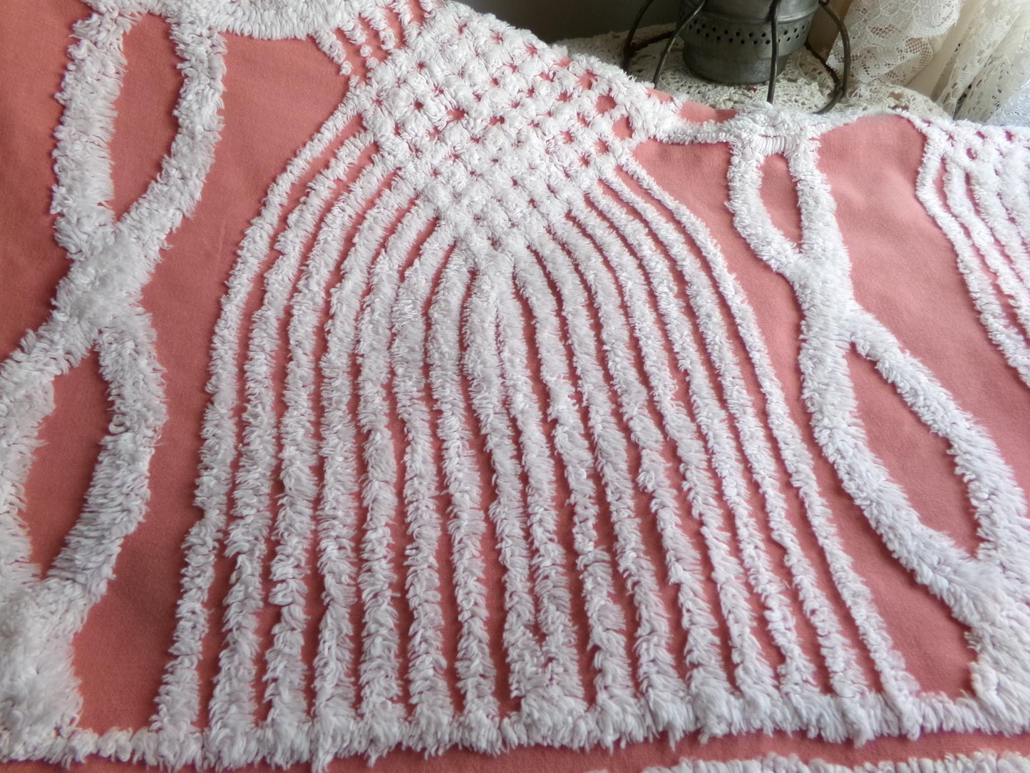 Unique Terracotta Rose Vintage Chenille Fabric, 29" x 27" Inch Piece, White Geometric Designs