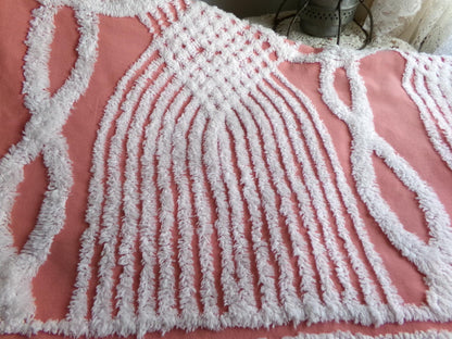 Unique Terracotta Rose Vintage Chenille Fabric, 29" x 27" Inch Piece, White Geometric Designs