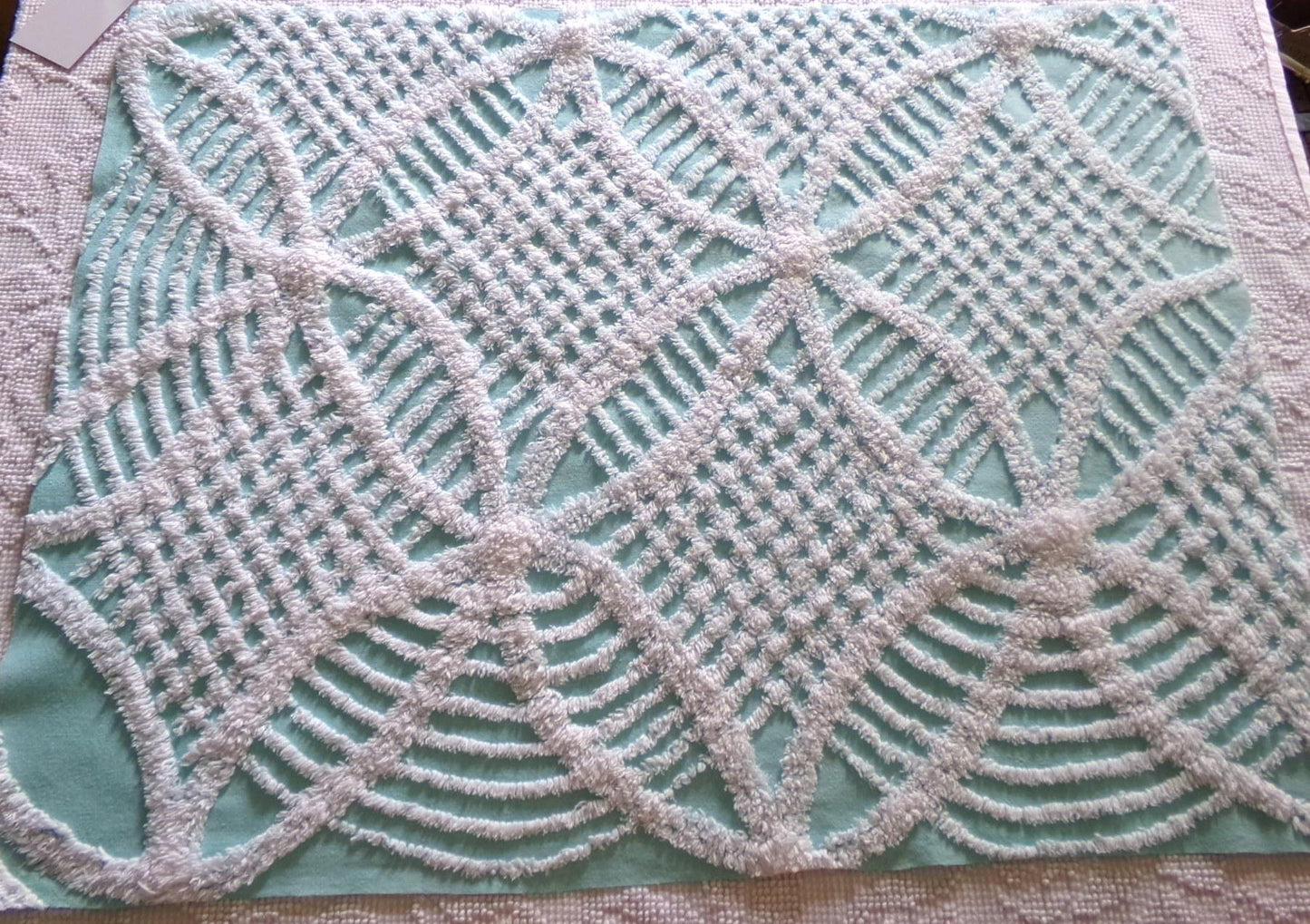 popular coastal aqua & white vintage chenille fabric, geometric chenille tufts, 20"x 25" inch piece of quilt sewing material
