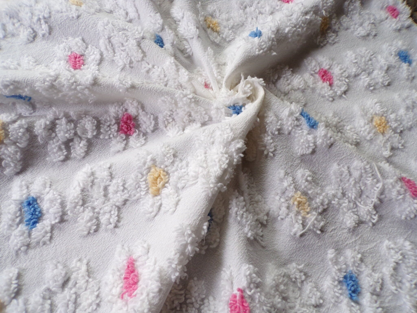 Adorable Rainbow Daisy Vintage Style Chenille Fabric, White Floral 20" x 22" inch Piece, So Cute in Quilts & Sewing Projects