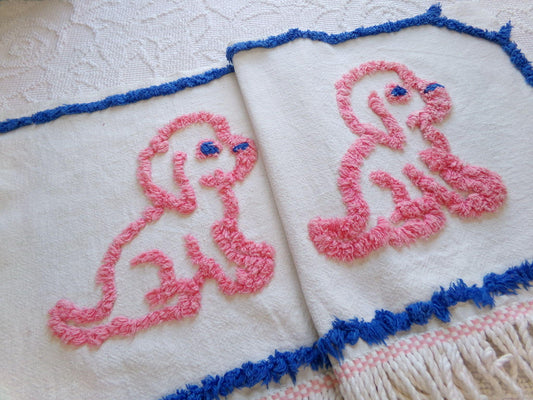 dog lovers! Pink Puppy Dogs Vintage Chenille Fabric, Pair of Puppies on Cotton Feedsack, 12" x 26" Piece for Handmade Quilts, DIY Pillows