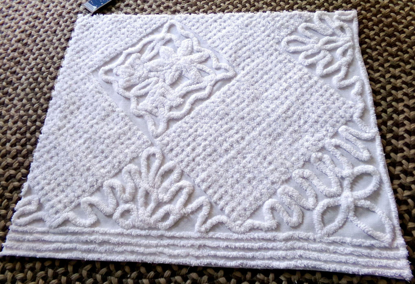 soft white lily chenille fabric, elaborate squiggle floral grid design, 20" x 25" inch piece shabby vintage cotton sewing & quilt material