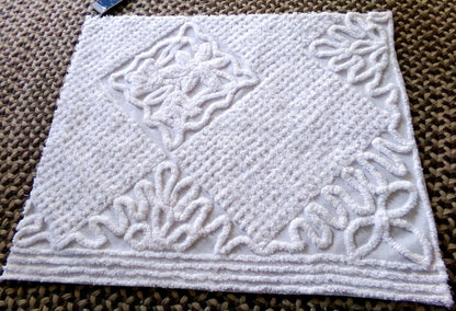 soft white lily chenille fabric, elaborate squiggle floral grid design, 20" x 25" inch piece shabby vintage cotton sewing & quilt material