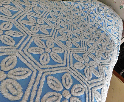 Vintage Chenille Bedspread, White Daisy Hexagon Design on Sky Blue, Full Size 1950s Geometric Design, 100% Cotton