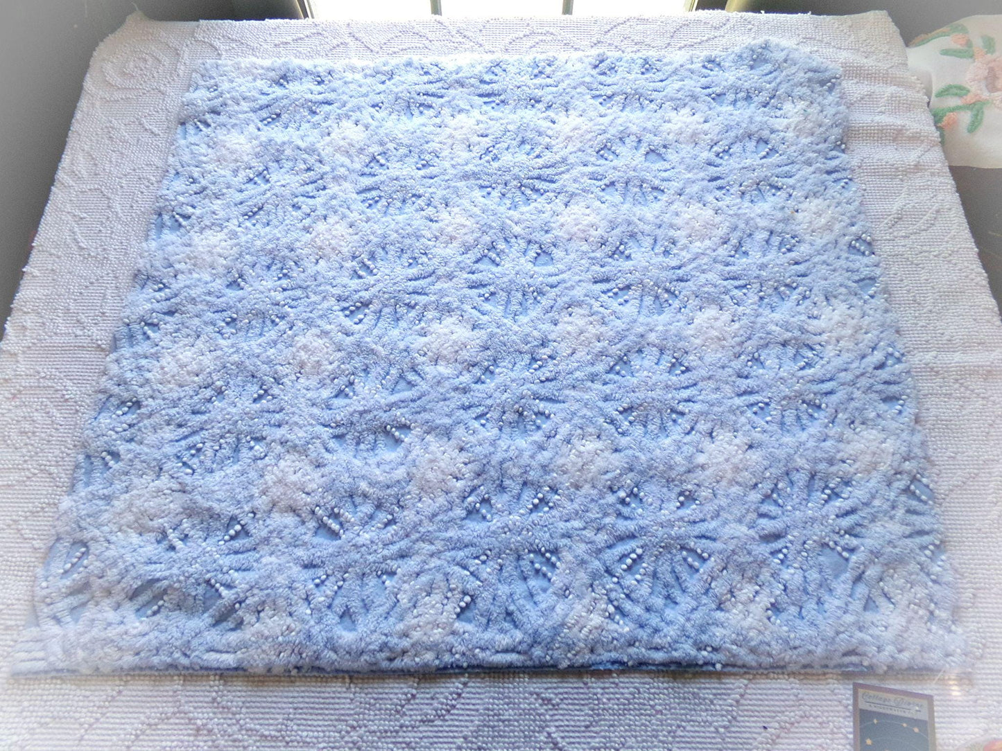 icicle pearl snowflake chenille fabric, vintage blue & white sewing material for quilting, fiber arts, pillows, 22" x 24" cotton piece
