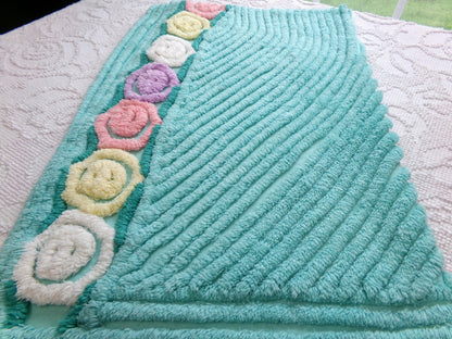 vintage plush aqua chenille fabric, rainbow lollipop roses design, 19" x 24" piece of sewing material