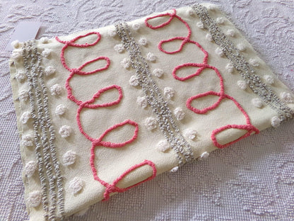 red doodles sewing fabric, retro design with grey pops on buttercream, 18" x 24" inch piece cut from a vintage chenille bedspread