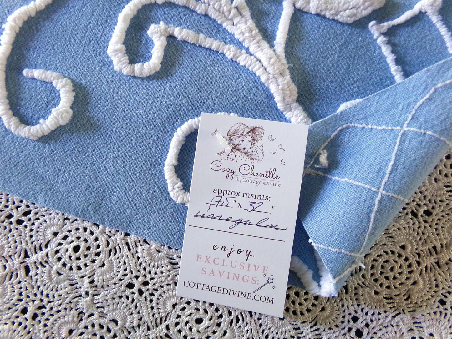 Most Beautiful Old Rose Vintage Chenille Fabric, 17.5" x 32" inch Piece, White Trellis & Scrollwork on Sky Blue Cotton, for Quilts, Pillows