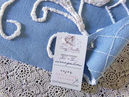 Most Beautiful Old Rose Vintage Chenille Fabric, 17.5" x 32" inch Piece, White Trellis & Scrollwork on Sky Blue Cotton, for Quilts, Pillows
