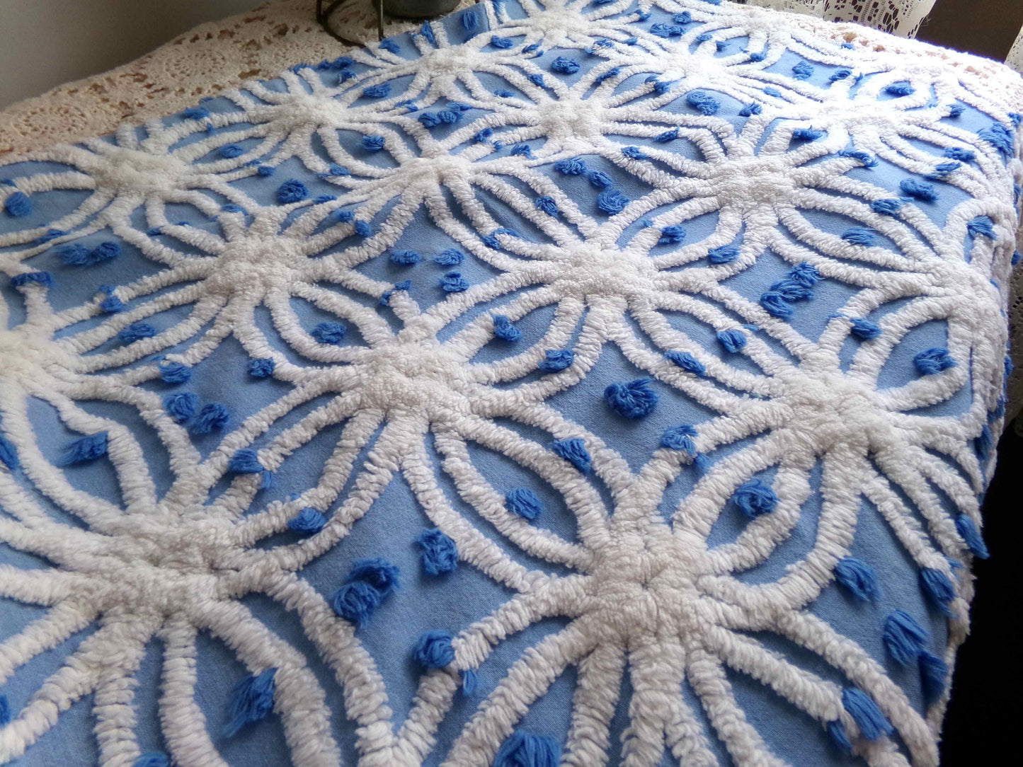 deep coastal blue vintage chenille fabric with tufted white spider rings & little pops, 23" x 20" inch piece