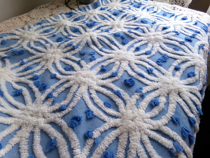 deep coastal blue vintage chenille fabric with tufted white spider rings & little pops, 23" x 20" inch piece