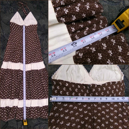 Vtg Gunne Sax Halter Dress Rare Brown Oak Acorn Print Boho Prairie Sundress