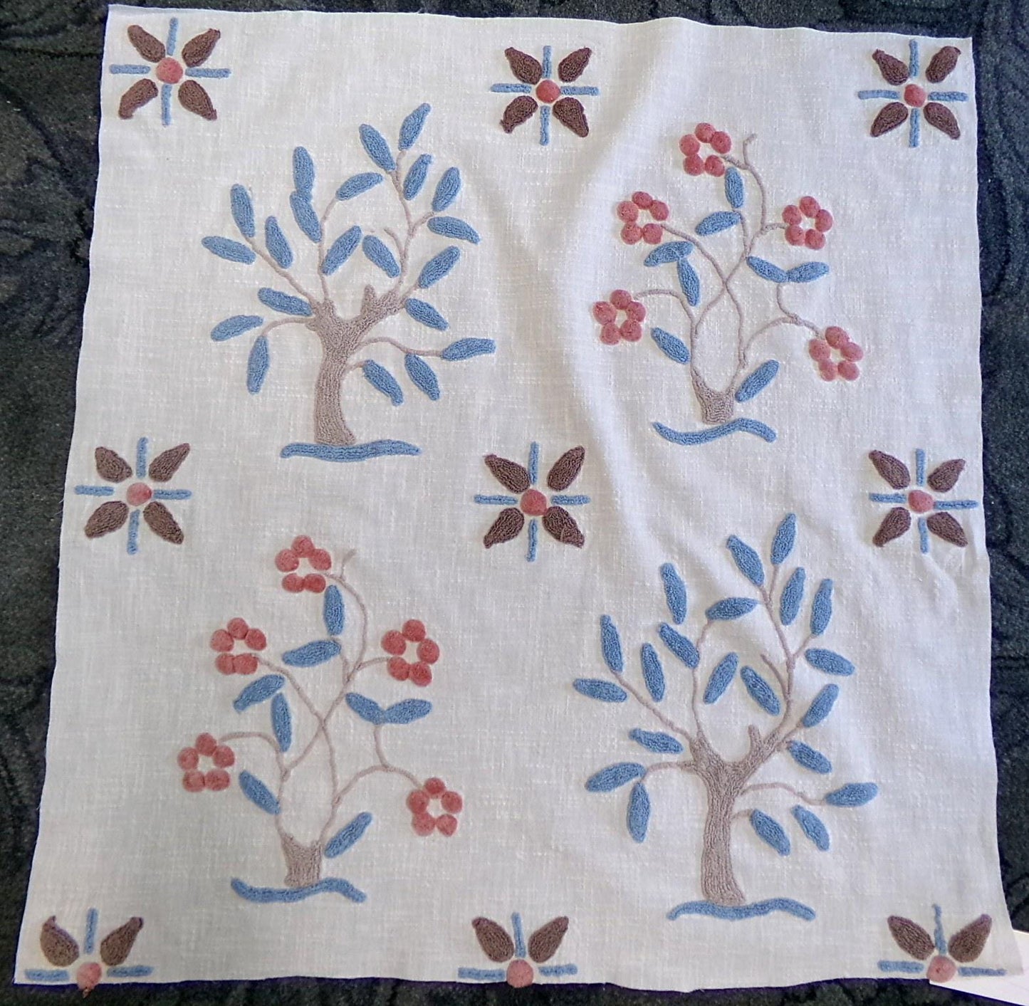 mystic roots vintage chenille fabric w/ 3D tufted earthy tree, floral & star design, 28" x 29" cut piece for wall hangings, fiber arts