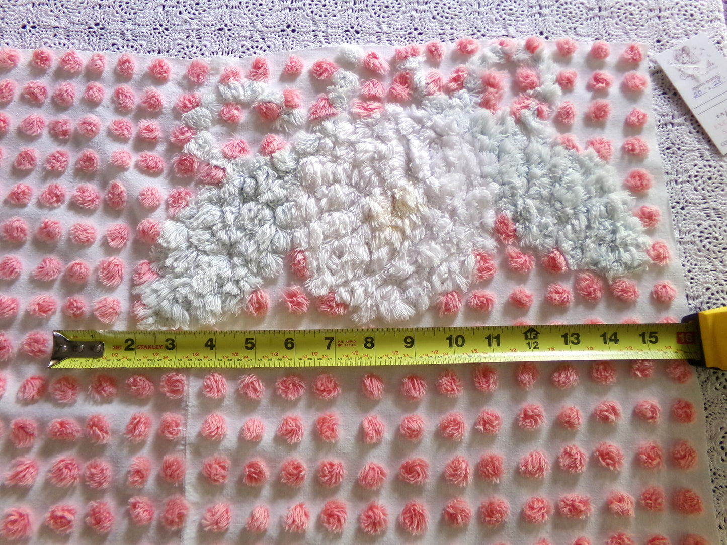 Darling White Lily Vintage Fabric, Handtufted Antique Chenille Pink & White Pops, 20" x 28" Inch Piece