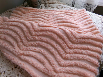 swirling peach waves vintage tufted fabric, 17.5" x 32" inch piece, plush chenille texture, sewing material for quilts, pillows