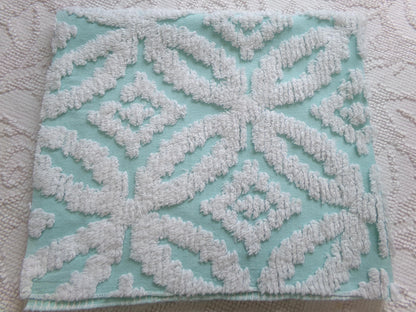 vintage aqua chenille fabric, white petals geometric design, 20" x 24" piece of sewing material