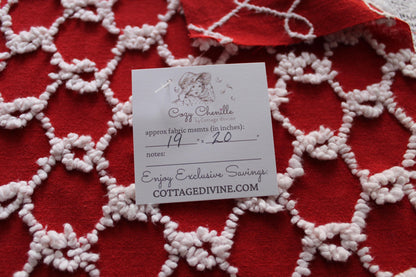 Fabulous Vintage Chenille Bedspread Fabric, Red & White Chain Link Design, 19" x 20" inch Piece, Ultra Lightweight Cotton