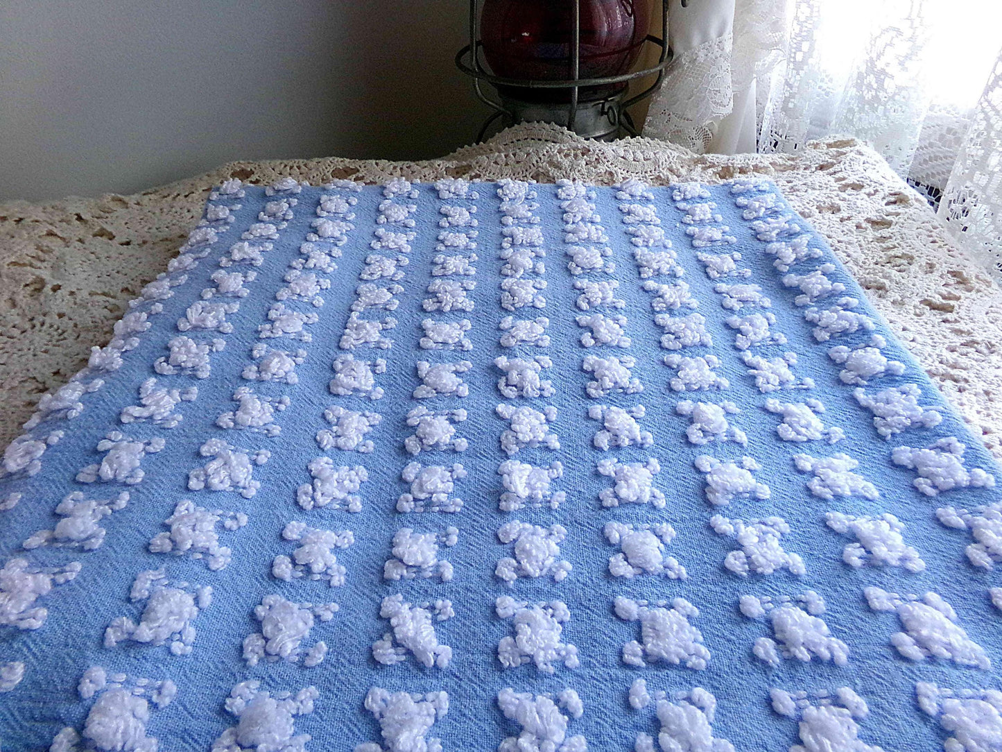 Deeply Serene Blue & White Rosebud Vintage Chenille Fabric, Heirloom Quality Material for Quilts, Pillows, 24" x 20" inch Piece