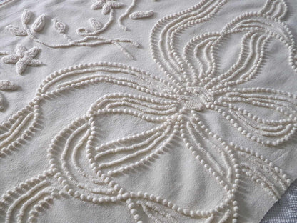 Exquisite Heirloom Vintage Chenille Fabric Piece, Large Bow & Lily Flowers in Antique Cream, 23" x 37" inch piece, lovely for a wall hanging