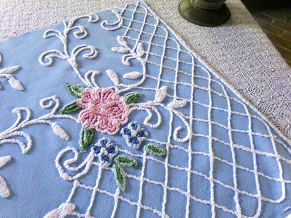 Cottage Romantics Pink Rose Vintage Chenille Fabric, 18.5" x 23" inch Piece, Sky Blue Bkgd, for Pillow Covers, Quilting, Fiber Arts & Crafts