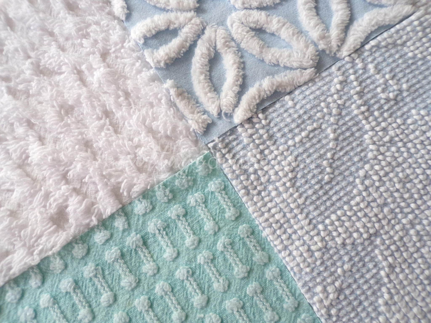 Barefoot on the Beach Chenille Quilt Squares Set from Vintage Bedspread Fabric, 16 Blocks, 6" x 6" inch, Coastal Blues & White