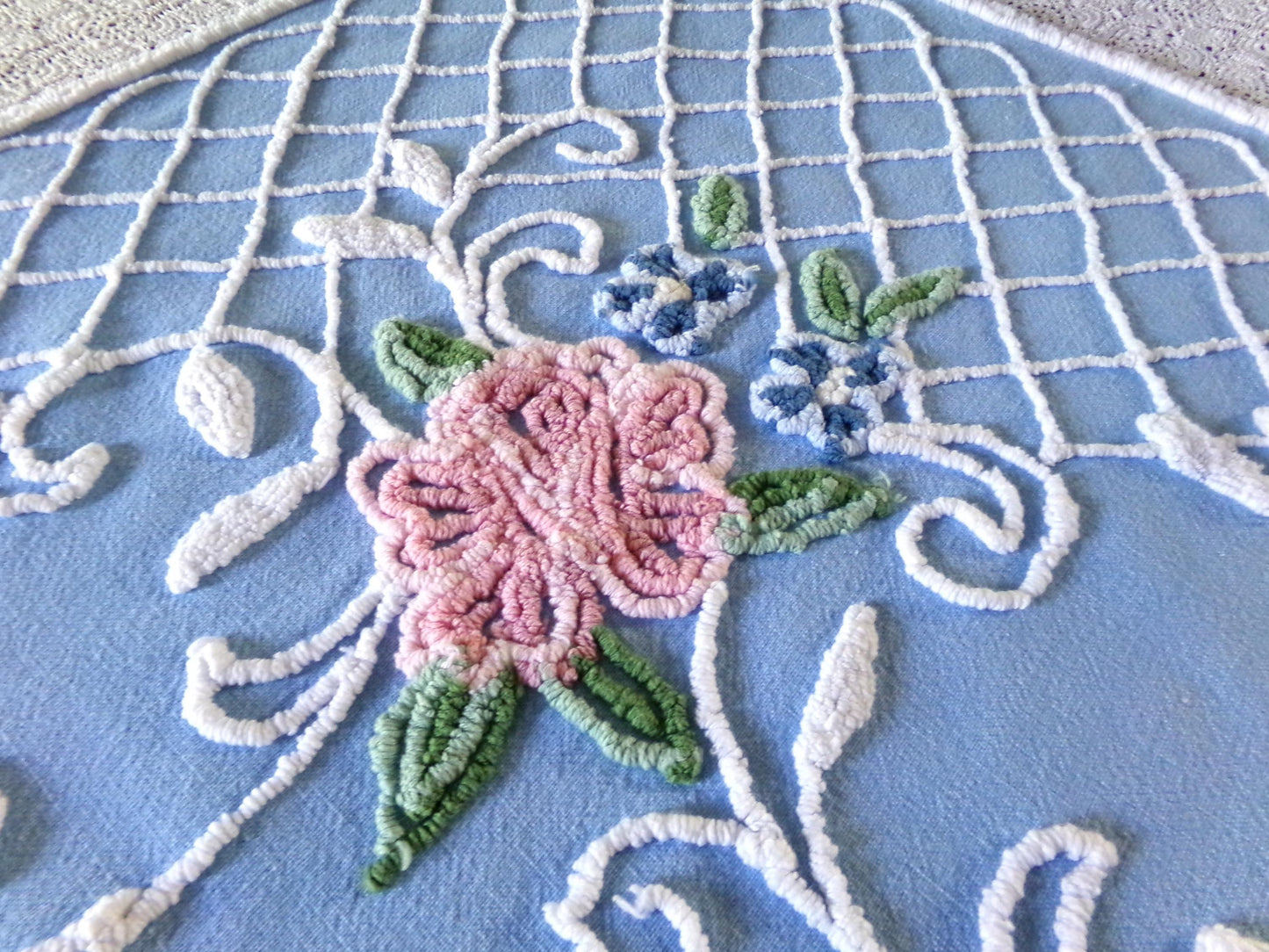 Cottage Romantics Pink Rose Vintage Chenille Fabric, 18.5" x 23" inch Piece, Sky Blue Bkgd, for Pillow Covers, Quilting, Fiber Arts & Crafts