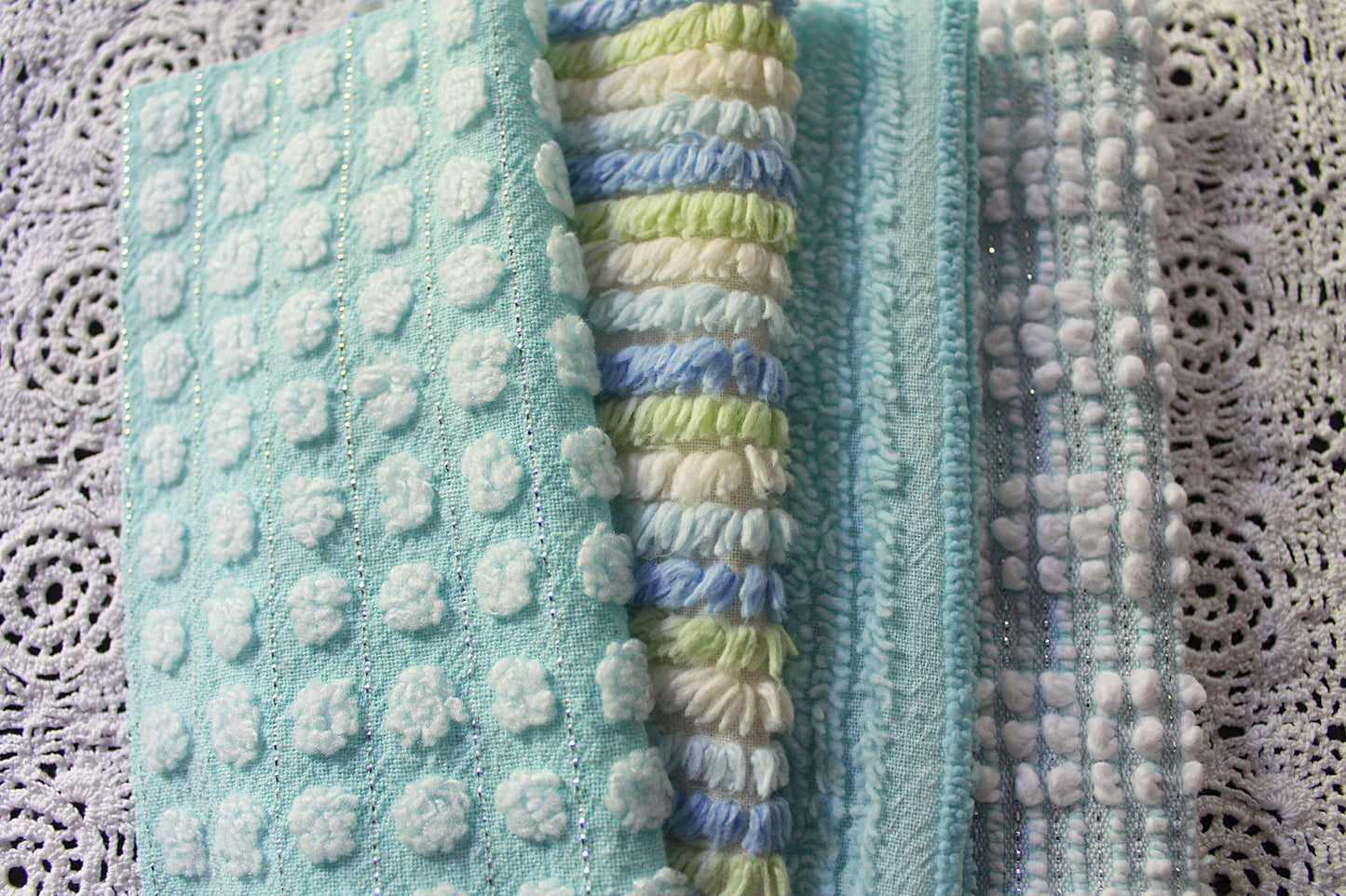 Sea Mist Chenille Quilt Squares Set, from Vintage Bedspread Fabric, 17 Blocks, 6" inch in Coastal Blues, Aqua