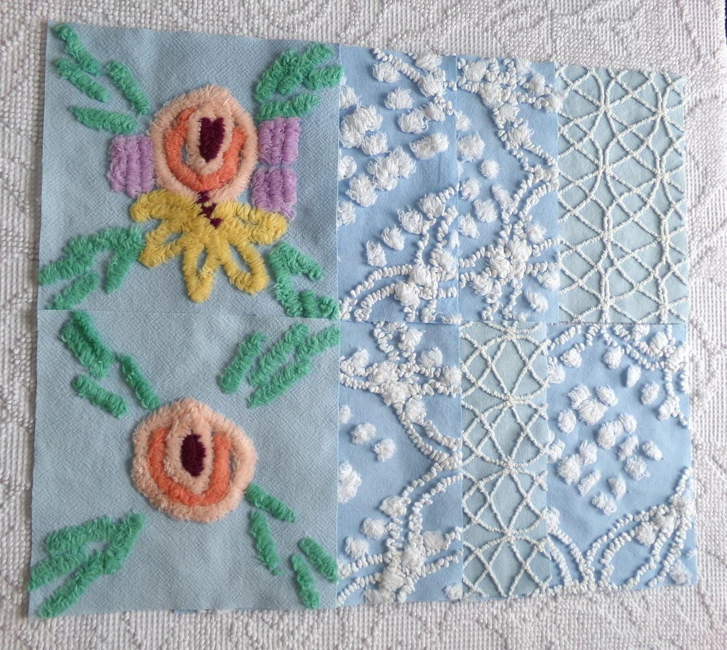 coastal wanderings chenille fabric squares, set of 8 vintage 7.5" quilt blocks, sky blue & white, for sewing, crafts, quilting