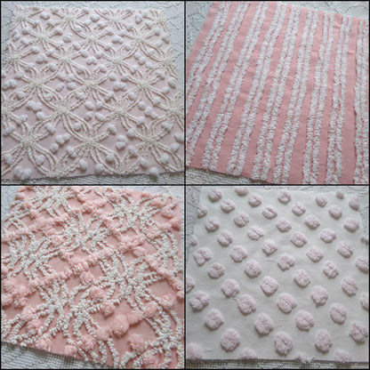 love pink chenille fabric squares, set of 4 texturized vintage large quilt blocks 12" inches ea, spider ring, pops, stripes, infinity tuft