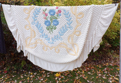Luxury Buttercream Vintage Chenille Bedspread in Heirloom Garden Wildflowers, Full Size Boxed Fit Design with Ruffle Skirt