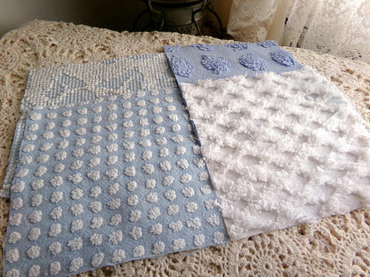 Cool Blues Chenille Fabric Squares for Quilting & Crafts in Vintage Blue, White - 16 Rotary Cut Blocks, 6" x 6" inch