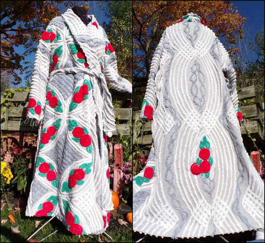 Plus Size Chenille Robe "Lovey Dovey" Red Roses Dove Grey Bathrobe Upcycled from WWII Era Vintage Chenille Bedspread, 1X, 2X Large