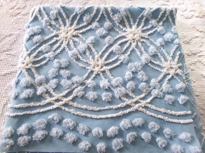 cottage coastal chic fabric, 22" x 24" inch piece cut from vintage chenille bedspread, needletuft white wedding rings with overtufted pops
