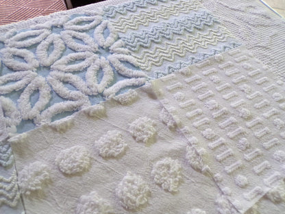 Cool Blue & White Quilt Squares Set, Rotary Cut from Vintage Chenille Bedspread Fabric, 16 Blocks, 6" x 6" inch