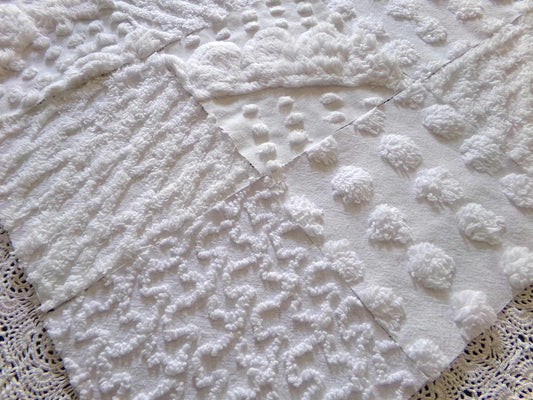 snow day white chenille fabric squares, 16 vintage 6" x 6" quilt blocks, pops, squiggles, diamond lattice & swirls