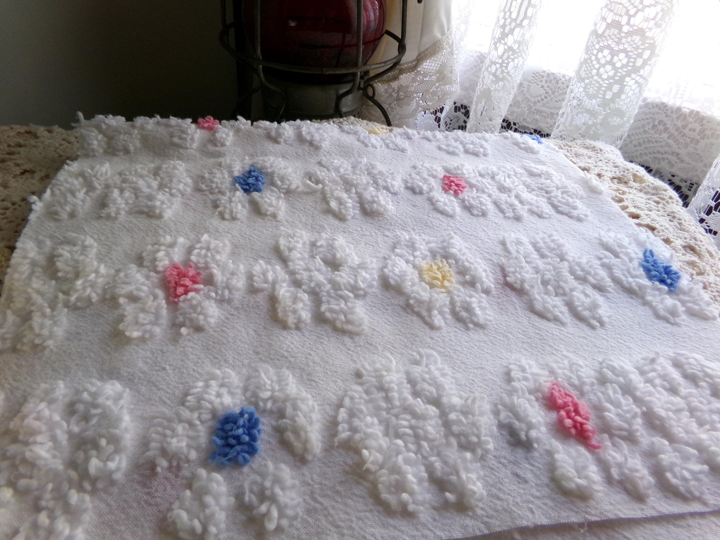Adorable Rainbow Daisy Vintage Style Chenille Fabric, White Floral 20" x 22" inch Piece, So Cute in Quilts & Sewing Projects