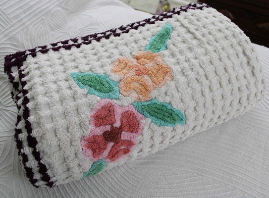 Simple Plush White Vintage Chenille Bedspread, Tropical Flowers on Waffle Tufts, Full Size