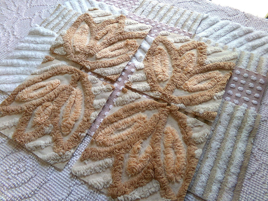 forest nymph chenille fabric squares, set of 16 vintage quilt blocks 6" inches ea, neutral versatile colors for quilt inlays, pillows