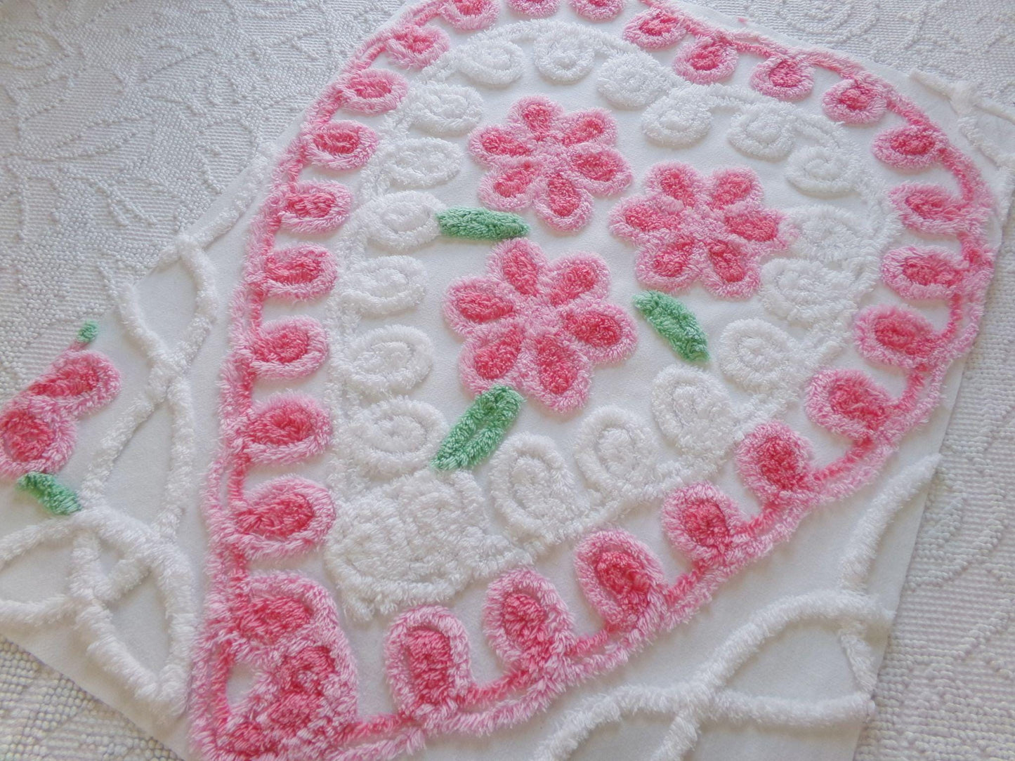 pretty pink heart vintage chenille fabric, a trio of roses with curlicue swirls, 17" x 23" inch piece of sewing material great for pillow