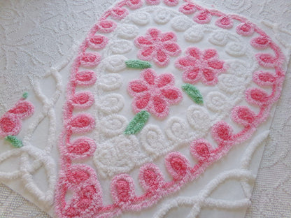 pretty pink heart vintage chenille fabric, a trio of roses with curlicue swirls, 17" x 23" inch piece of sewing material great for pillow
