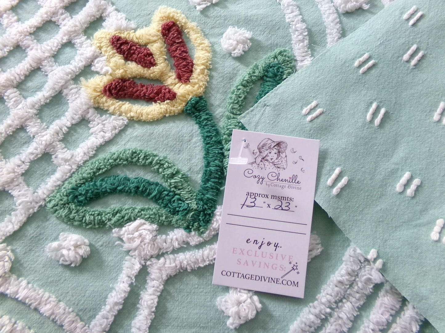 cutest springtime tulip vintage fabric, 13" x 23" inch piece cut from a chenille bedspread, mint green floral sewing material