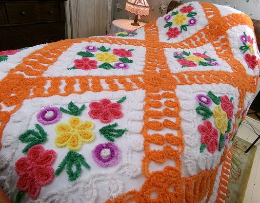 diamond citrus vintage chenille bedspread, plush large floral design in colorful orange & white, full size cotton bedding