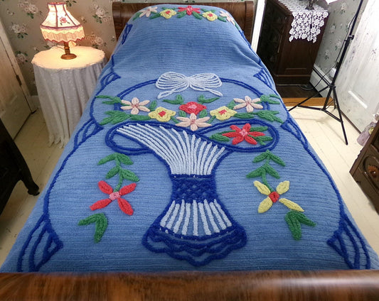 deeply serene blue floral twin size chenille bedspread, shabby chic flower basket design with big bow, cottage style bedding