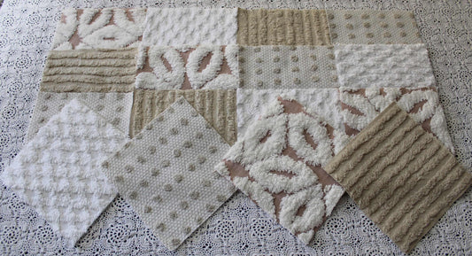 Chenille Fabric Squares, Neutral Sand, Tan & White Craft Square Set from Vintage Bedspread Fabric, 16 Blocks, 6" x 6" inch