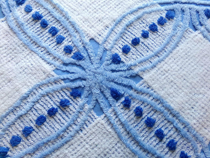 mystic coastal blue & white vintage chenille fabric, starburst geometric pattern, 22" x 23" inch piece of unique cotton sewing material