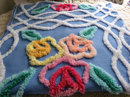 Seaside Summer Florals Blue Vintage Chenille Fabric, Pretty 30" x 26" inch piece