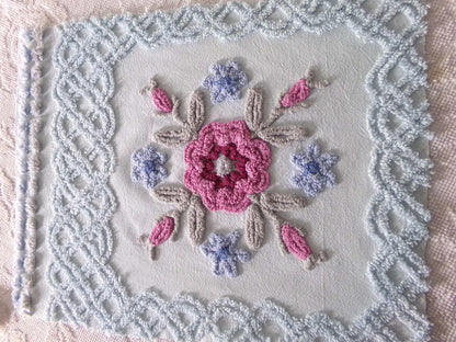 exquisite floral bloom chenille fabric, so pretty for pillow cover, 16" x 20.5" needletuft piece in ice blue with mauve pink flowers