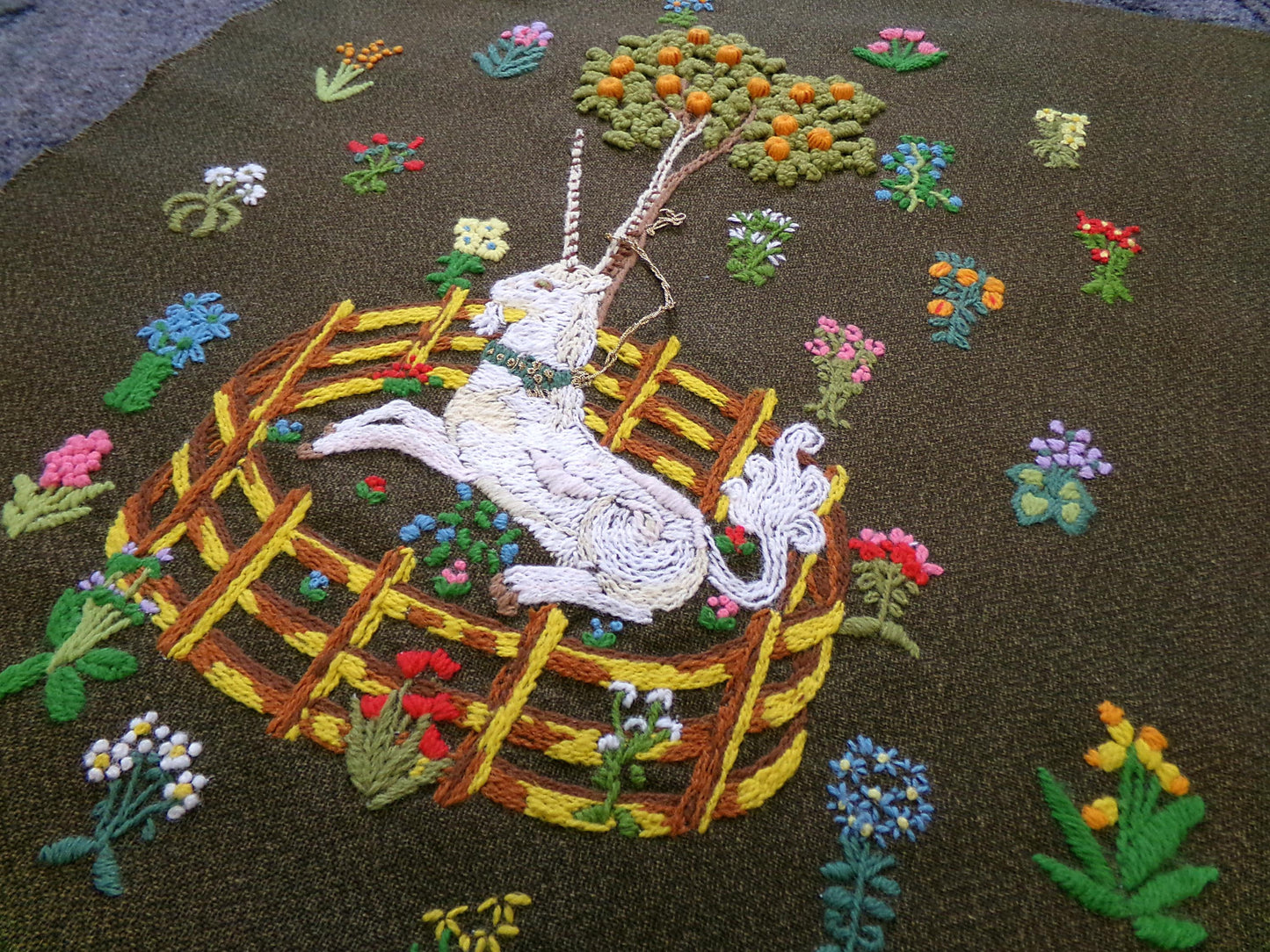 Unicorn in Captivity Completed Crewel Embroidery, Paragon 0846 Stitchery, Medieval Old World Tapestry Style Adaptation