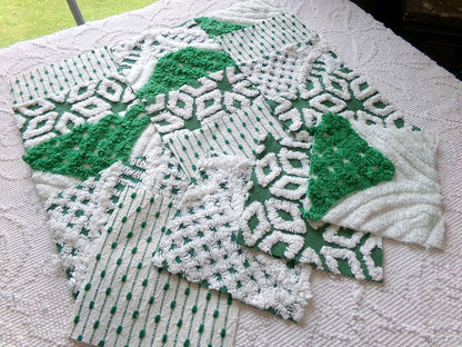 preppy green chenille fabric squares, set of 16 vintage 6" craft blocks, geometric designs for quilt inlays, pillows, fiber arts