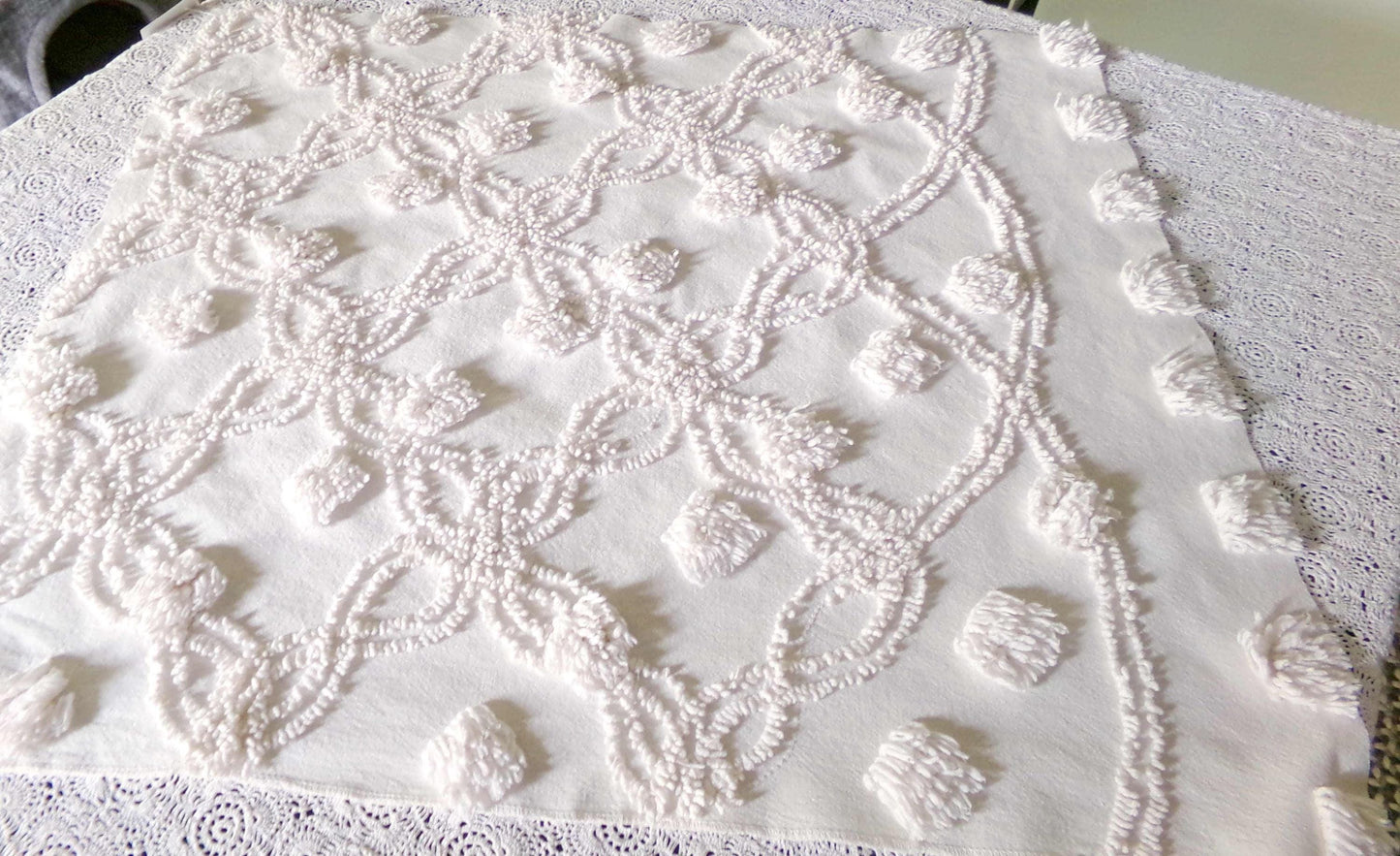 Fluffy Jumbo Pops Vintage Chenille Fabric, Shabby Chic Puffs, 21" x 25" inch Piece, Neutral Antique Cream for Pillows, Quilting